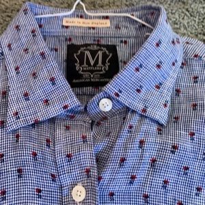 Linen navy micro check red floral button front blouse. L-10